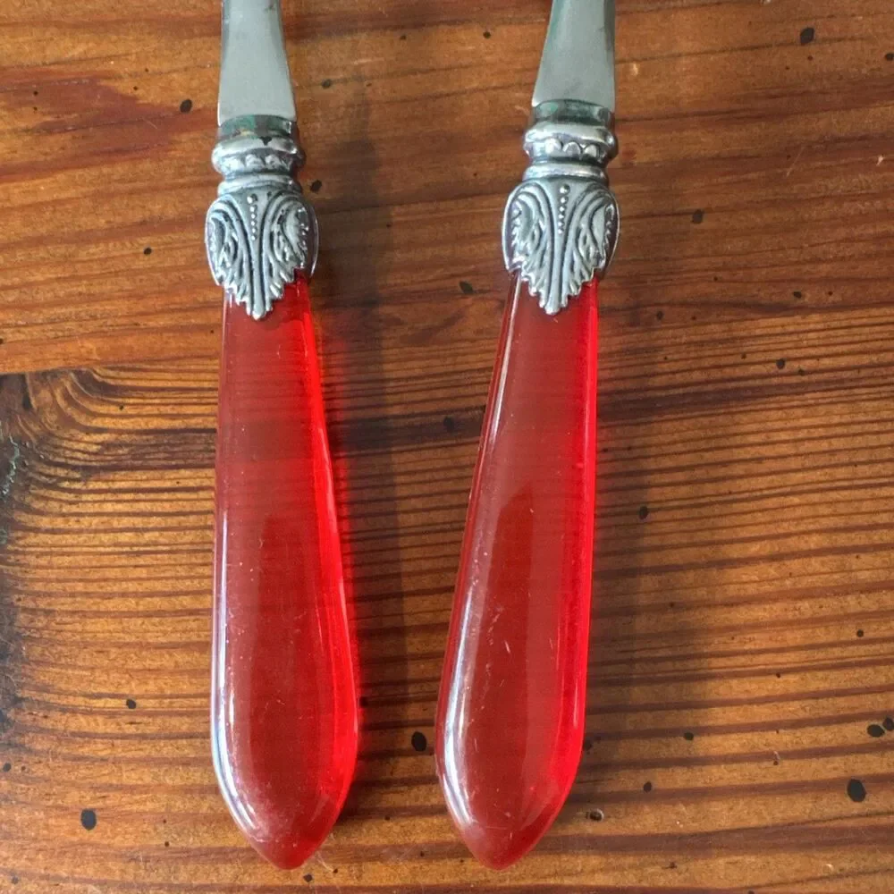 Ruby Red Handled Salad Serving Untensils/Sporks 10 Inches Clear Red Handles
